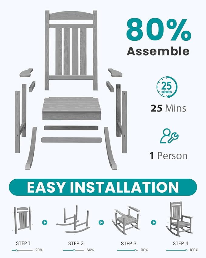 SERWALL Oversized Outdoor Rocking Chair, All-Weather Patio Rocking Chair, HDPE Porch Rocker for Adults, Light Gray - Image 8