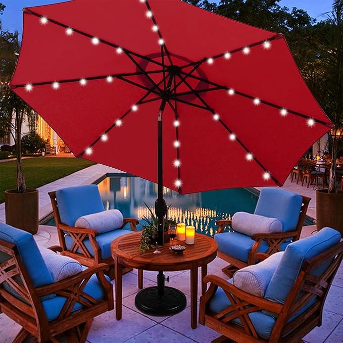 Blissun 9 ft Solar Umbrella, 32 LED Lighted Patio Umbrella, Table Market Umbrella, Outdoor Umbrella for Garden, Deck, Backyard, Pool and Beach (Red) - Image 6