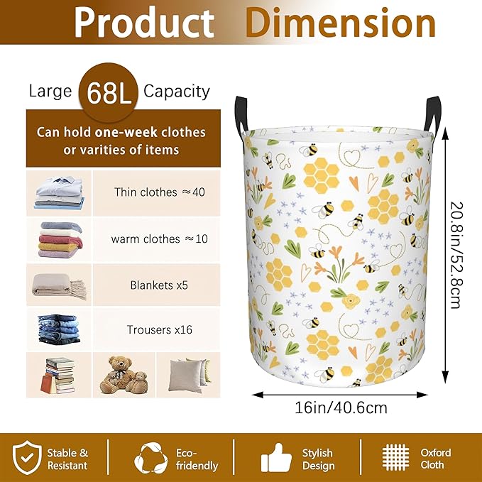 Bee Honey Flower Laundry Basket, Waterproof Foldable Laundry Hamper, Dirty - Image 2