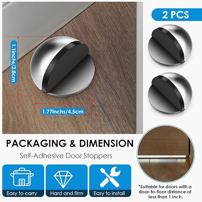 2 Pcs Self Adhesive Door Stoppers, Stainless Steel Floor Door Stop Wall - Image 2