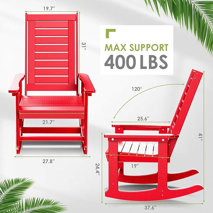 GREENVINES Outdoor Rocking Chairs | Porch Rocker | HDPE Plastic | Red | Oversized Rockers | High Back | Big & Tall | Ladder Back | for Patio Outside Backyard Balcony Garden - Image 3
