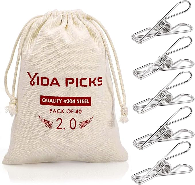 40 Pack Wire Clothes Pins Heavy Duty Outdoor, Stainless Steel ClothesPins by Vida+Picks