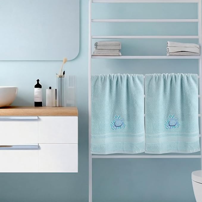 2 Pcs Sea Turtle Floral Hand Towels Pastel Blue Bathroom Decor 14x29 Inch - Image 6