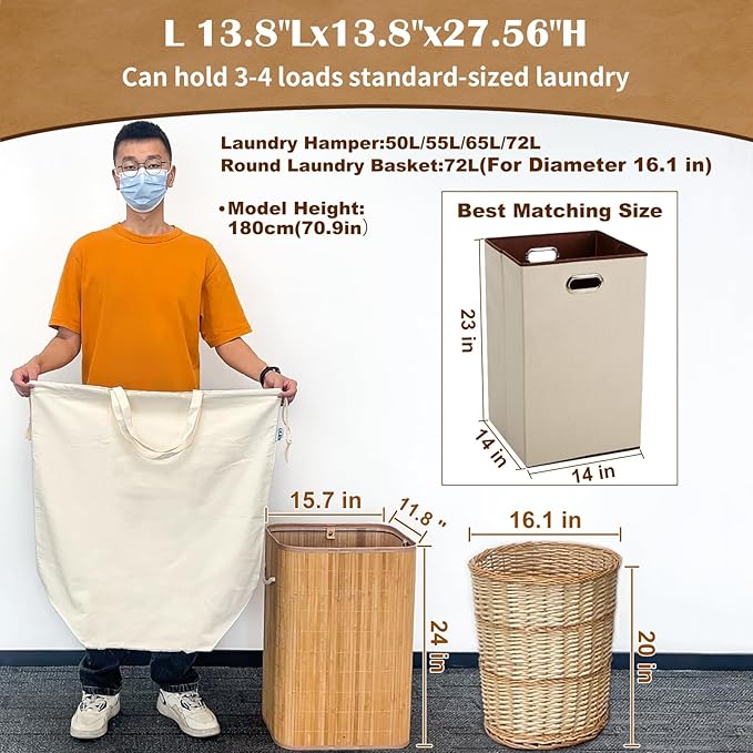 Canvas Laundry Bags with Handles & Square Base13.8"Lx13.8"Wx27.6"H, Large Heavy - Image 2