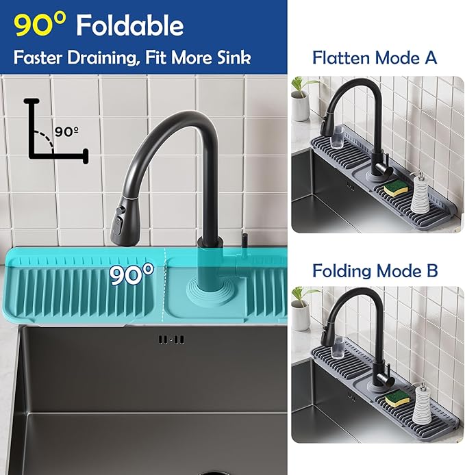 24"Longer Silicone Faucet Mat For Kitchen Sink Splash Guard -7° Slope Snap - Image 5