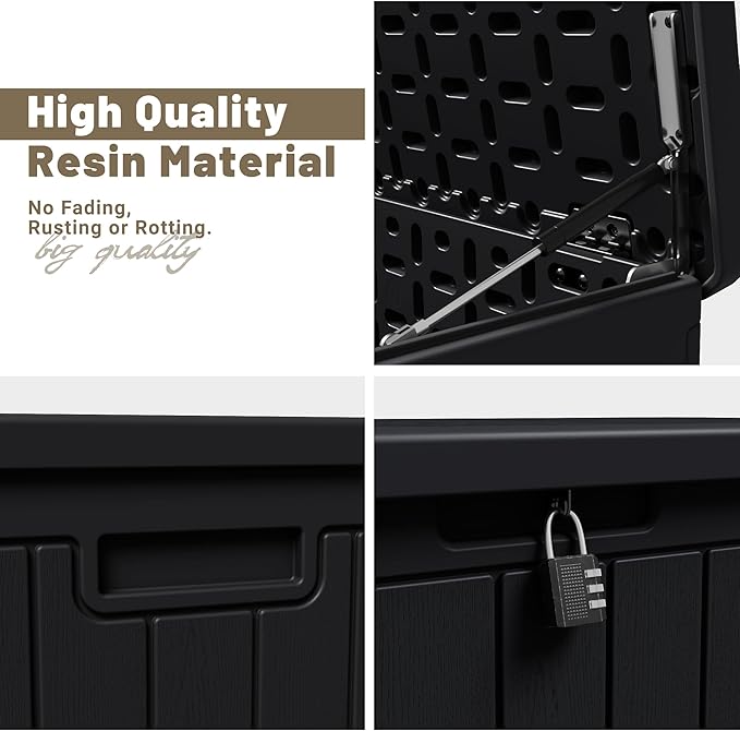 JUMMICO 90 Gallon Waterproof Resin Deck Box, Double Wall Outdoor Storage Box with Lockable Lid for Garden Tools, Patio Cushions, Pools (Black) - Image 2