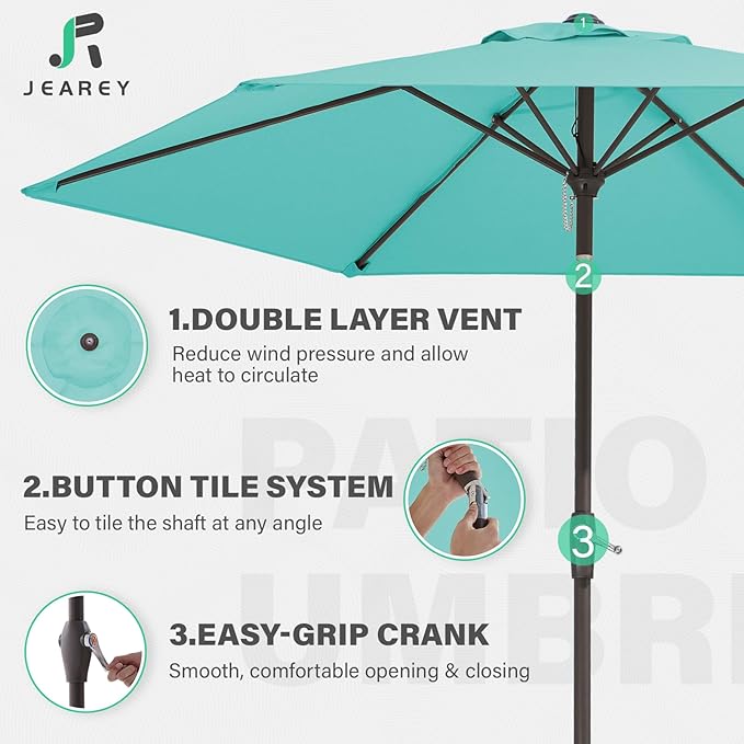 JEAREY 7.5FT Patio Umbrella Market Table Umbrella with 6 Sturdy Ribs, Push Button Tilt/Crank Outdoor Umbrella for Garden, Deck, Backyard, Pool and Beach,Teal Blue - Image 3