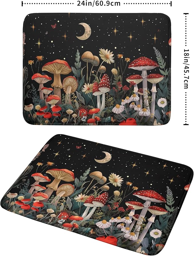 Black Mushroom Dish Drying Mat for Kitchen Counter Leaves Botanical Microfiber - Image 2