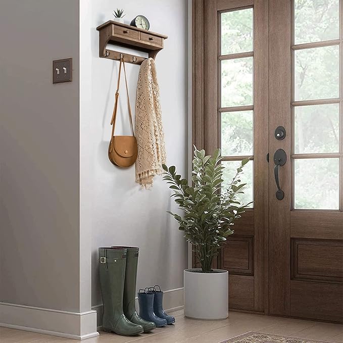 Emfogo Coat Hooks Mounted, Rustic Wood Coat Rack Mount Shelf - Image 3