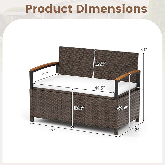 Tangkula 46 Gallon Outdoor Bench with Storage, Outdoor PE Rattan Storage Bench with Cushion, Backrest & Acacia Wood Armrests, Metal Frame, Waterproof Deck Box Seat for Porch Backyard Poolside - Image 2