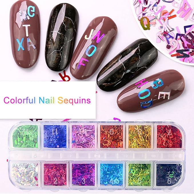 12 Colors Letter Nail Art Glitter Sequins, Holographic 3D Alphabet Nail Art - Image 6