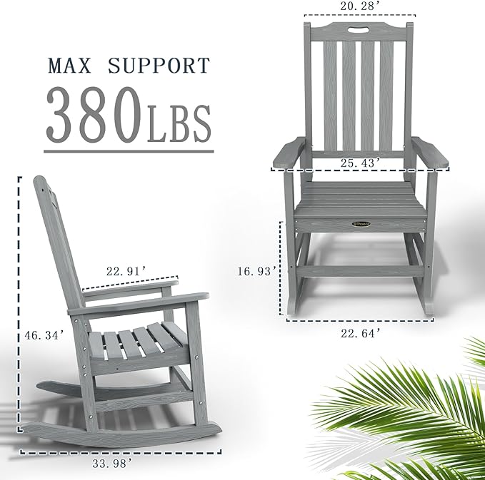 Oversized Rocking Chair Set of 8, Outdoor Rocking Chair for Adults, All Weather Resistant Porch Rocker for Lawn Garden, Grey - Image 3