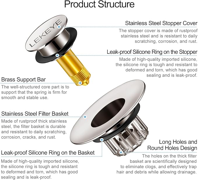 LEKEYE Tub Stopper | Shower Drain Hair Catcher | Pop-up Drain Stopper - Image 8