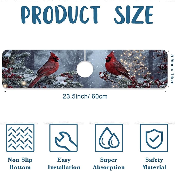 Christmas Winter Kitchen Sink Splash Guard Faucet Mat Cardinal Super Absorbent - Image 2