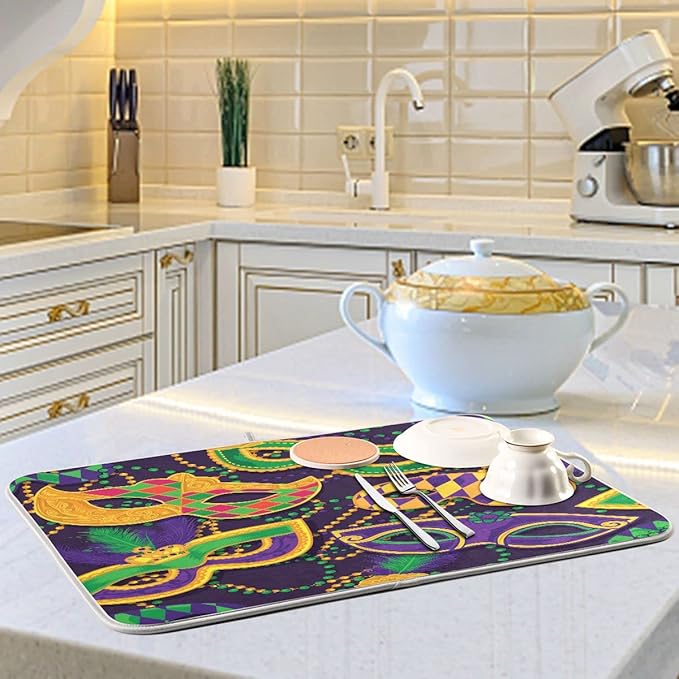 Mardi Gras Dish Drying Mat for Kitchen Mask Beads Confetti Masquerade Party - Image 6