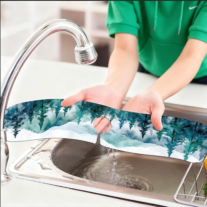 2 Pcs Kitchen Sink Splash Guard Faucet Mats Watercolor Forest Pattern Faucet Mat - Image 6
