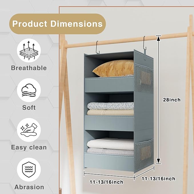 3-Shelf Hanging Closet Organizer and Storage, Foldable Hanging Closet Shelves - Image 3