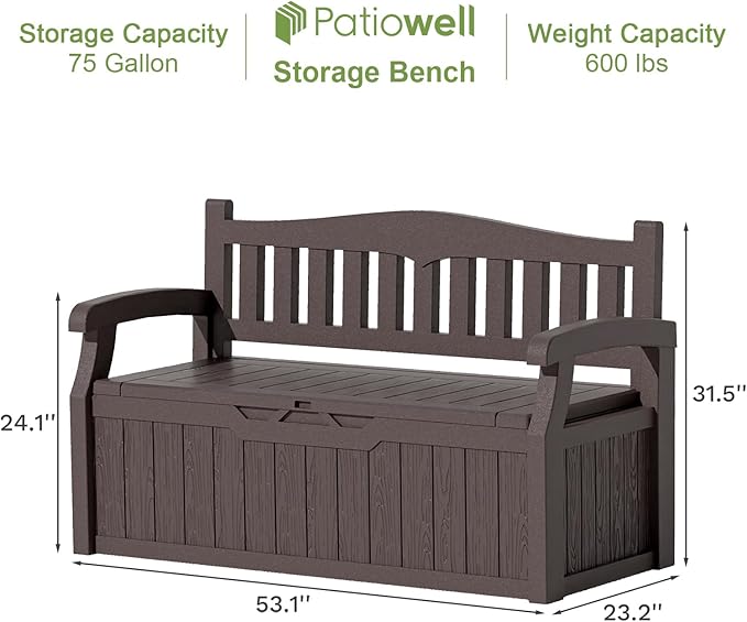 Patiowell 75 Gallon Plastic Storage Bench, Water-Resistant Deck Box for Patio Furniture, Garden Tools, Pool Storage and Outdoor Cushions, Brown - Image 3
