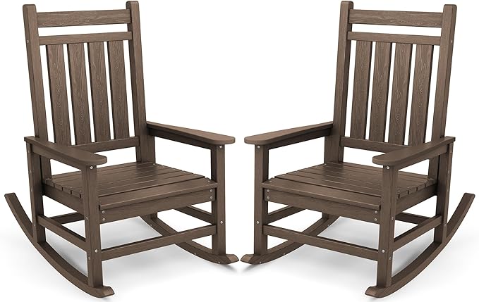 SERWALL Oversized Outdoor Rocking Chair Set of 2, HDPE Rocker for Adults, Patio Rocking Chairs for Porch, Coffee by SERWALL