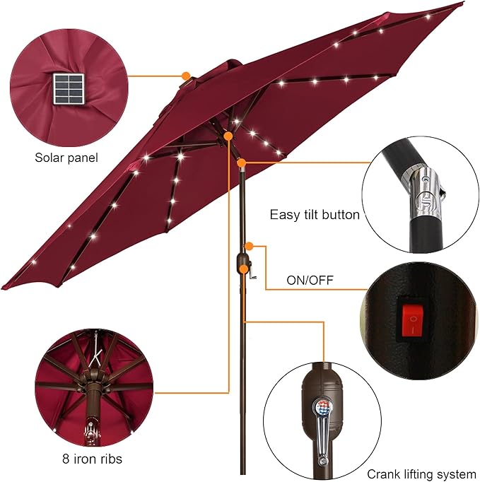Blissun 9 ft Solar Umbrella, 32 LED Lighted Patio Umbrella, Table Market Umbrella, Outdoor Umbrella for Garden, Deck, Backyard, Pool and Beach (Burgundy) - Image 2