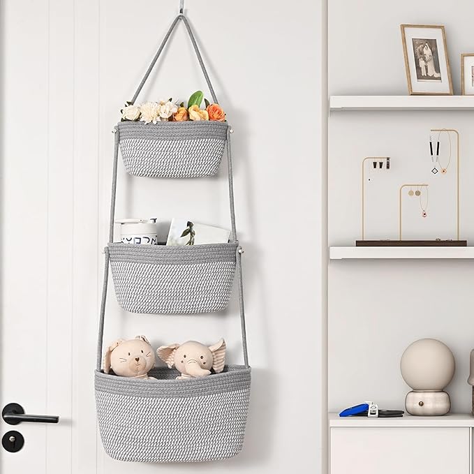 Hanging Storage Baskets, Over the Door Basket, Cotton Wall Baskets Storage - Image 3