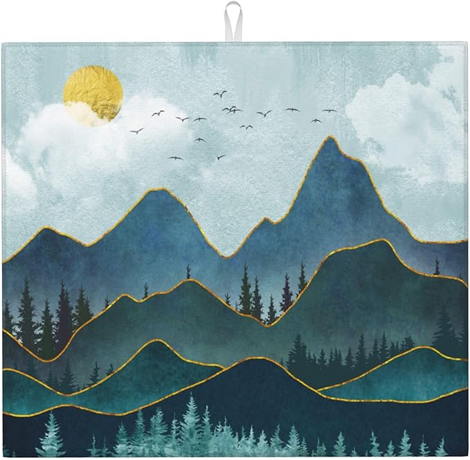 Mountain Peaks Nature Landscape Kitchen Drying Mat Modern Decorative Microfiber by Unknown