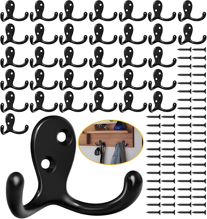 34 Pack Coat Hooks, Heavy Duty Double Prong Coat Hooks Wall Mounted by Homanu