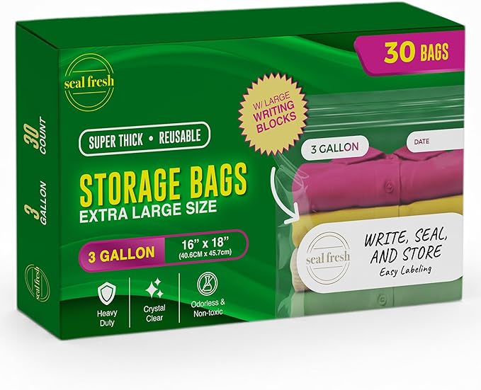 3 Gallon Large Plastic Storage Bags – 16" x 18" – Reusuable XXL Extra Large by SealFresh