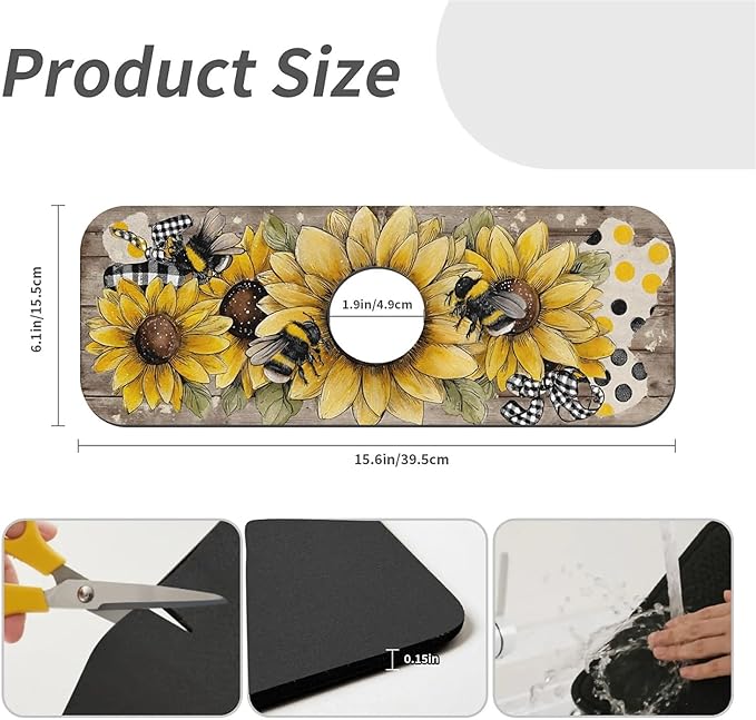 Kitchen Sink Splash Guard，Sunflower-with bumblebees Faucet Mat Sink - Image 3