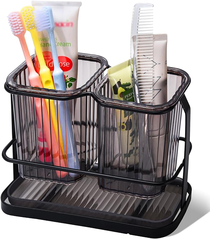 KONE Black Toothbrush Holders for Bathrooms, 2 Cups Toothbrush Holders Wall by KONE