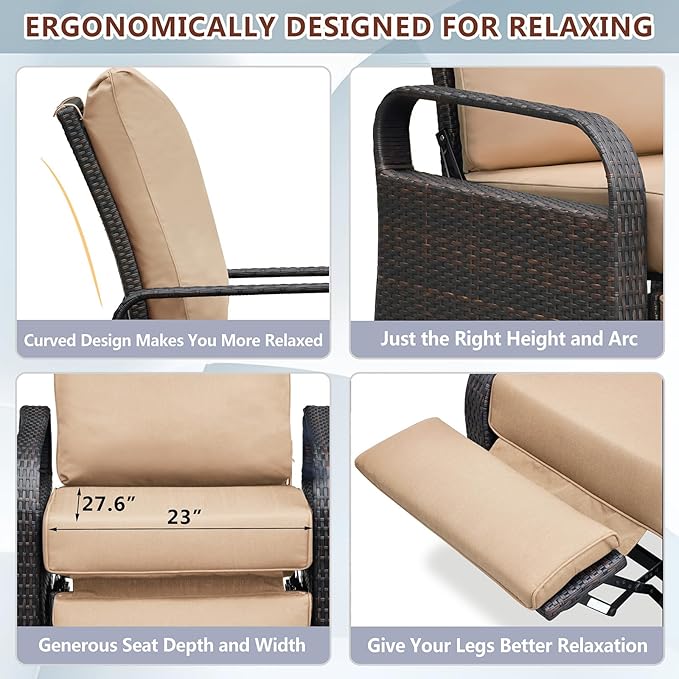 ATR ART TO REAL Outdoor Recliner, Outdoor Wicker Recliner Chair with 5.12'' Cushions, Automatic Adjustable Patio Chaise Lounge Chairs, Aluminum Frame. UV Protected and Rustless (Khaki) - Image 7