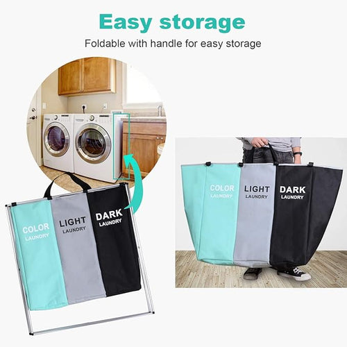 135L Laundry Cloth Hamper Sorter Basket Bin Foldable 3 Sections - Image 2