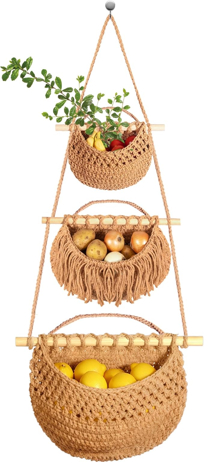 3 Tier Hanging Fruit Basket, Jute Wall Baskets Removable, Portable Produce by Wymulot