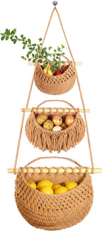 3 Tier Hanging Fruit Basket, Jute Wall Baskets Removable, Portable Produce by Wymulot