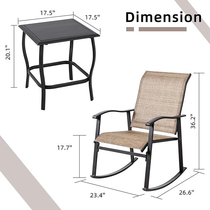 Vongrasig 3 Piece Outdoor Rocking Bistro Set, Textilene Fabric Small Patio Furniture Set, Front Porch Rocker Chairs Conversation Set with Glass Table for Lawn, Garden, Balcony, Poolside (Brown) - Image 6