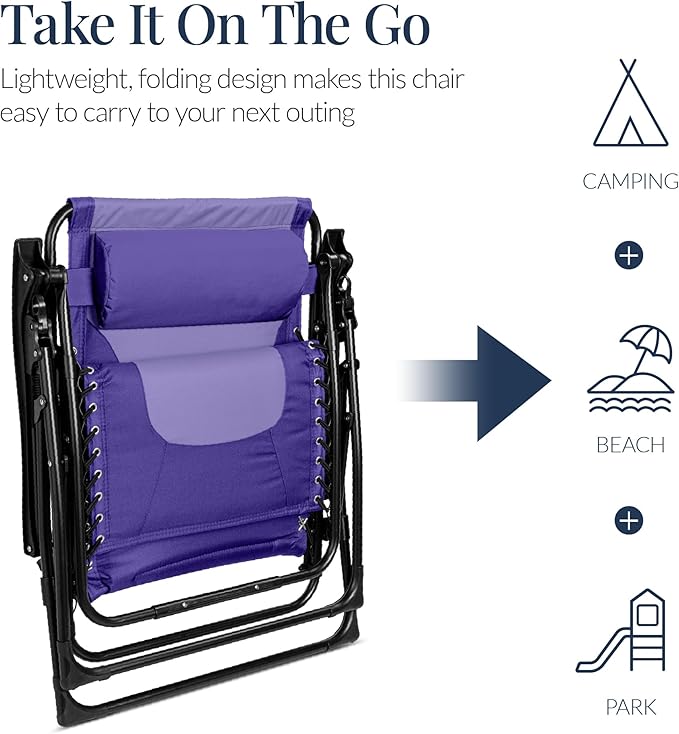 Best Choice Products Oversized Padded Zero Gravity Chair, Folding Outdoor Patio Recliner, XL Anti Gravity Lounger for Backyard w/Headrest, Cup Holder, Side Tray, Polyester Mesh - Purple/Violet - Image 5