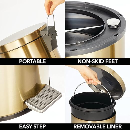 mDesign Tall 30 Liter, Large Round Metal Lidded Step Trash Can, Thin Compact - Image 4