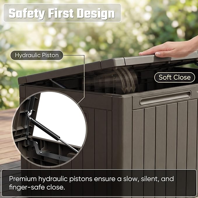 Greesum 110 Gallon Outdoor Storage Box with Lockable Lid, All-Weather Solution for Patio Furniture, Pool Supplies & Garden Tools, Waterproof, UV-Resistant Large Deck Box, Brown - Image 4