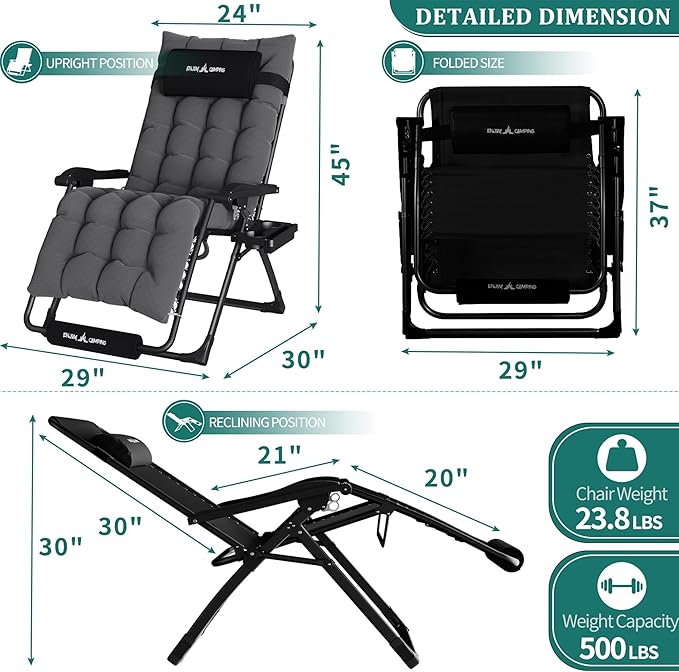 UDPATIO Oversized Zero Gravity Chair 33In XXL Patio Reclining Chair with Cushion, Outdoor Folding Recliner with Pillows, Cup Holder, Foot Rest & Padded Headrest, Support 500LB (2, Dark Grey-XL) - Image 3