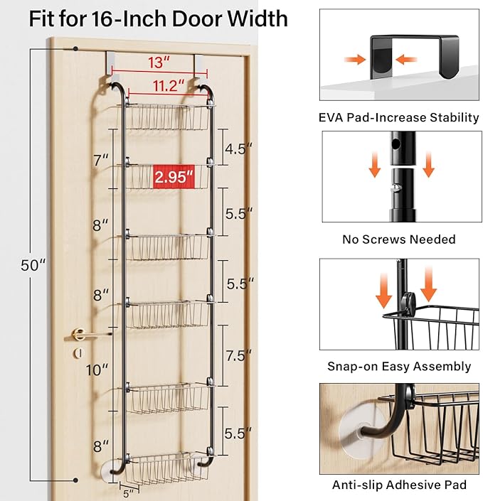 Delamu Narrow Over the Door Pantry Organizer, 6-Tier Metal Pantry Door - Image 2