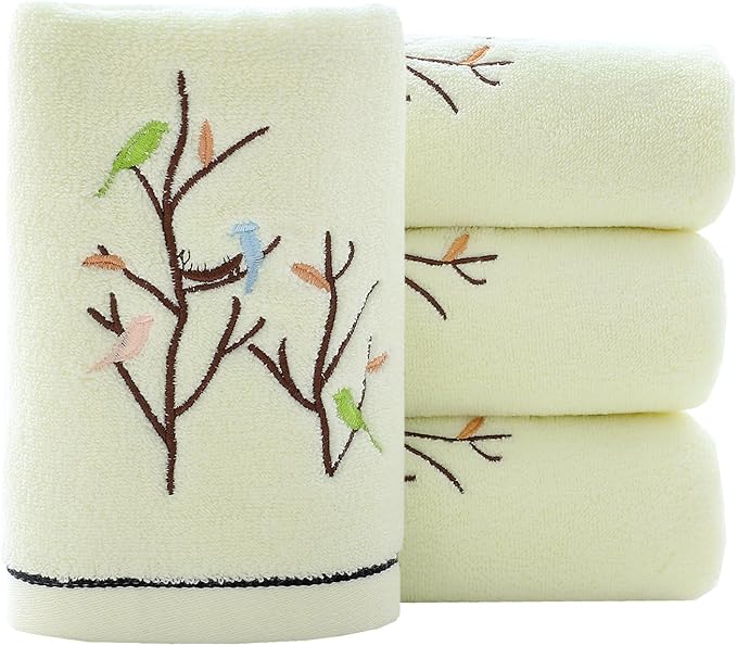 Pidada Hand Towels Set of 4 Embroidered Bird Tree Pattern 100% Cotton Absorbent by Pidada