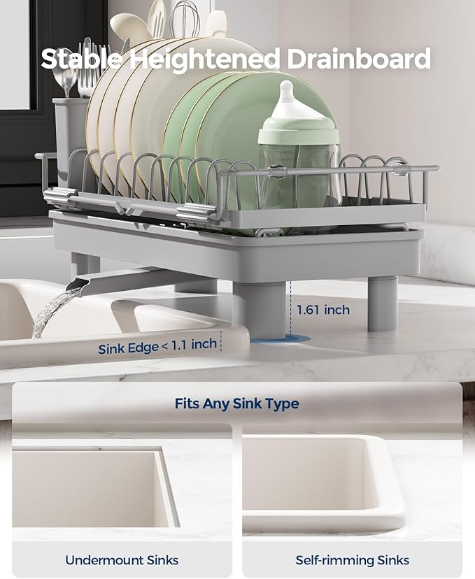 Nacial 2-in-1 Small Dish Drying Rack Fits 14''–21.8'' Sink, Dish Drainers - Image 8
