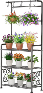 Plant Stand Indoor Outdoor Heavy Duty Metal - 56.4" Tall 3-Tier Shelf for Multiple Plants, Flowers, Rustproof Black Storage Rack for Patio, Balcony, Living Room, Garden, Includes Hooks&Adjustable Feet by GIOTORENT