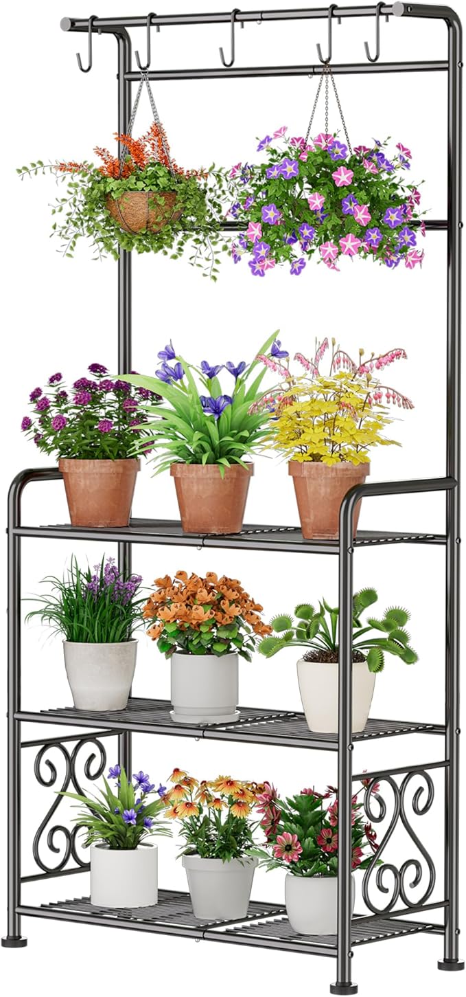 Plant Stand Indoor Outdoor Heavy Duty Metal - 56.4" Tall 3-Tier Shelf for Multiple Plants, Flowers, Rustproof Black Storage Rack for Patio, Balcony, Living Room, Garden, Includes Hooks&Adjustable Feet by GIOTORENT