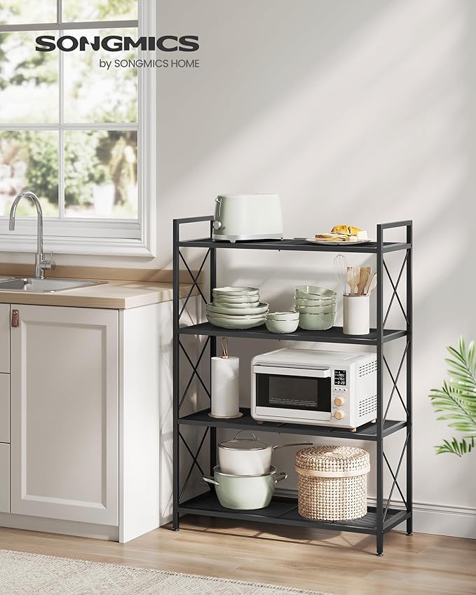 SONGMICS 4-Tier Metal Storage Rack, Shelving Unit with X Side Frames, Dense Mesh, 12.6 x 31.5 x 44.3 Inches, for Entryway, Kitchen, Living Room, Bathroom, Industrial Style, Ink Black UBSC184B01 - Image 2
