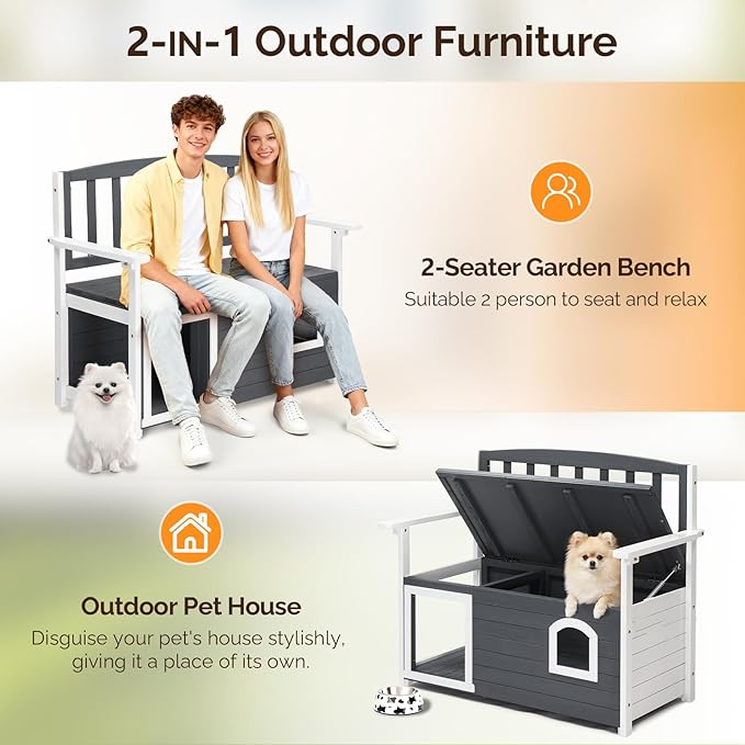 VINGLI Outdoor Storage Bench with Built-in Dog House, 2-in-1 Outdoor Waterproof Patio Bench with Pet Kennel for Patio Backyard Porch (Gray) - Image 7