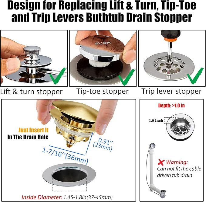 Bathtub Drain Stopper, Pop Up Tub Stopper and Cover, Bottom - Image 2