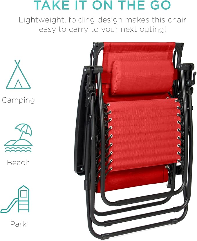 Best Choice Products Folding Zero Gravity Outdoor Recliner Patio Lounge Chair w/Adjustable Canopy Shade, Headrest, Side Accessory Tray, Textilene Mesh - Crimson Red - Image 8