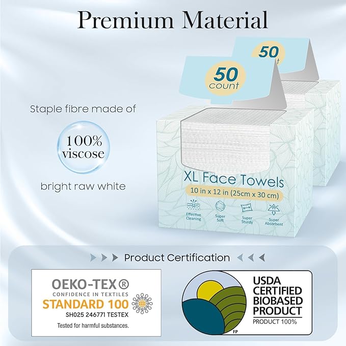 2 Pack of 50 count XL Disposable Face Towels 10” x 12”, 100% Viscose Fibre - Image 2