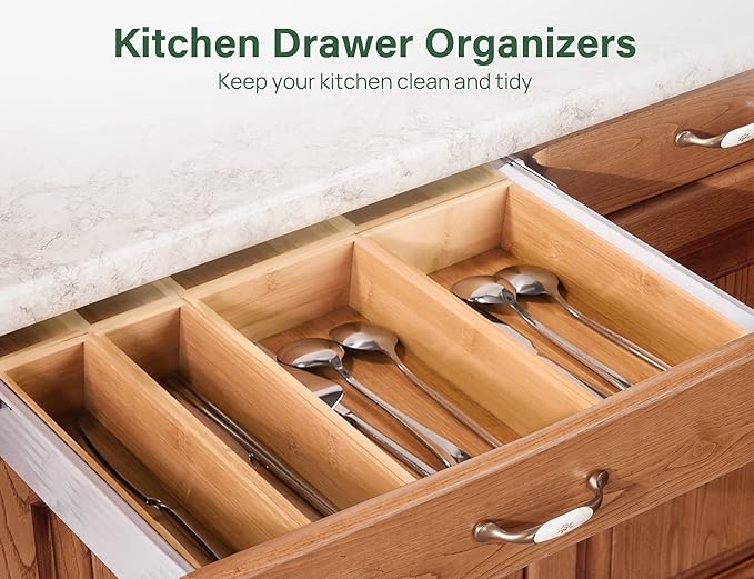 Kootek 8 Pcs Bamboo Drawer Organizer Utensil Tray Kitchen Storage Box 4-Size - Image 5